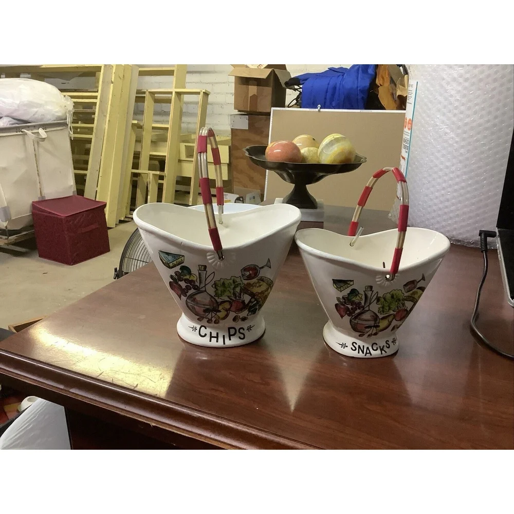 vintage chips, snack, & Nuts porclean baskets with handles